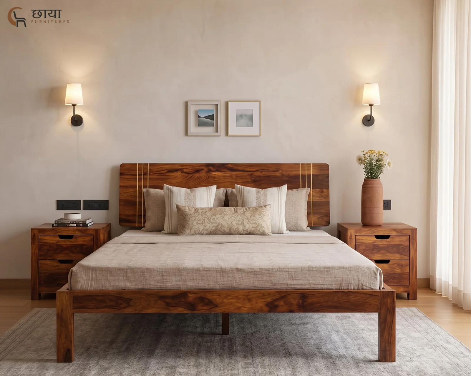 Eddie Sheesham Wood Bed Without Storage (Queen Size, Honey Finish) — 7