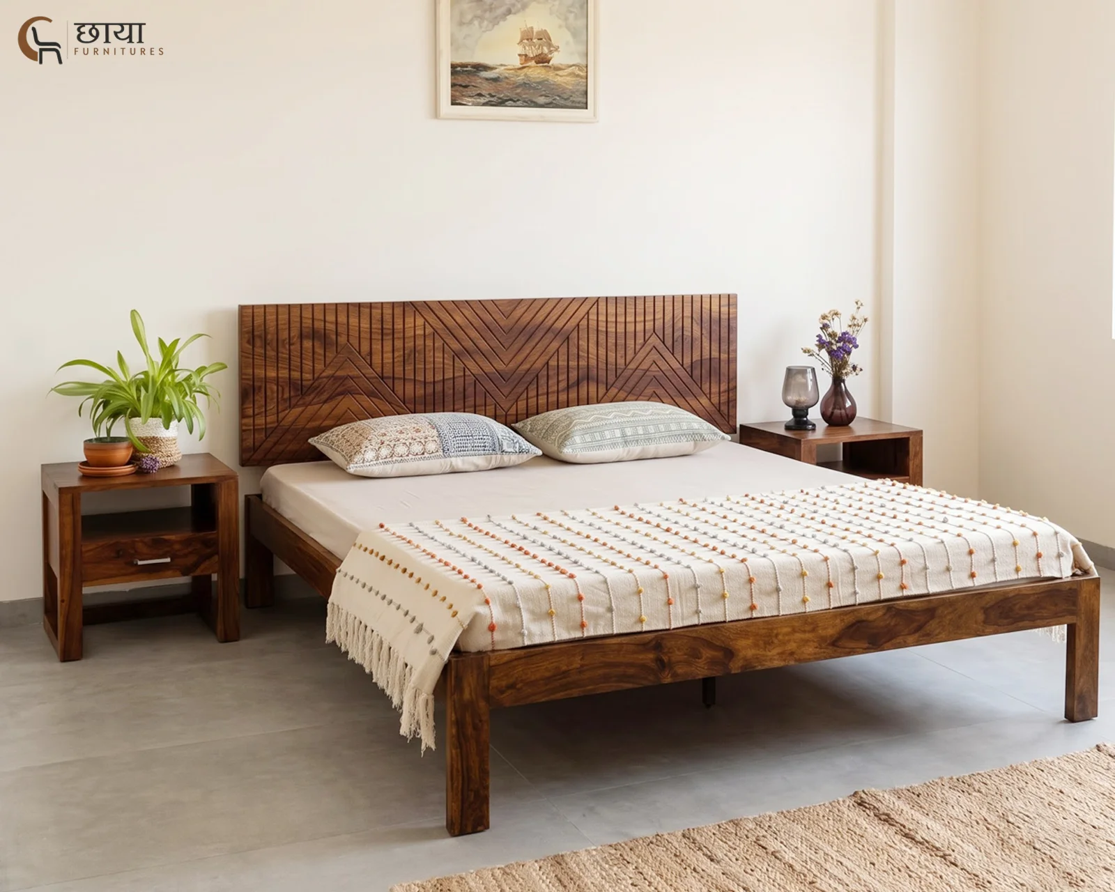 Jonas Sheesham Wood Bed Without Storage (King Size, Honey Finish) — front (2)