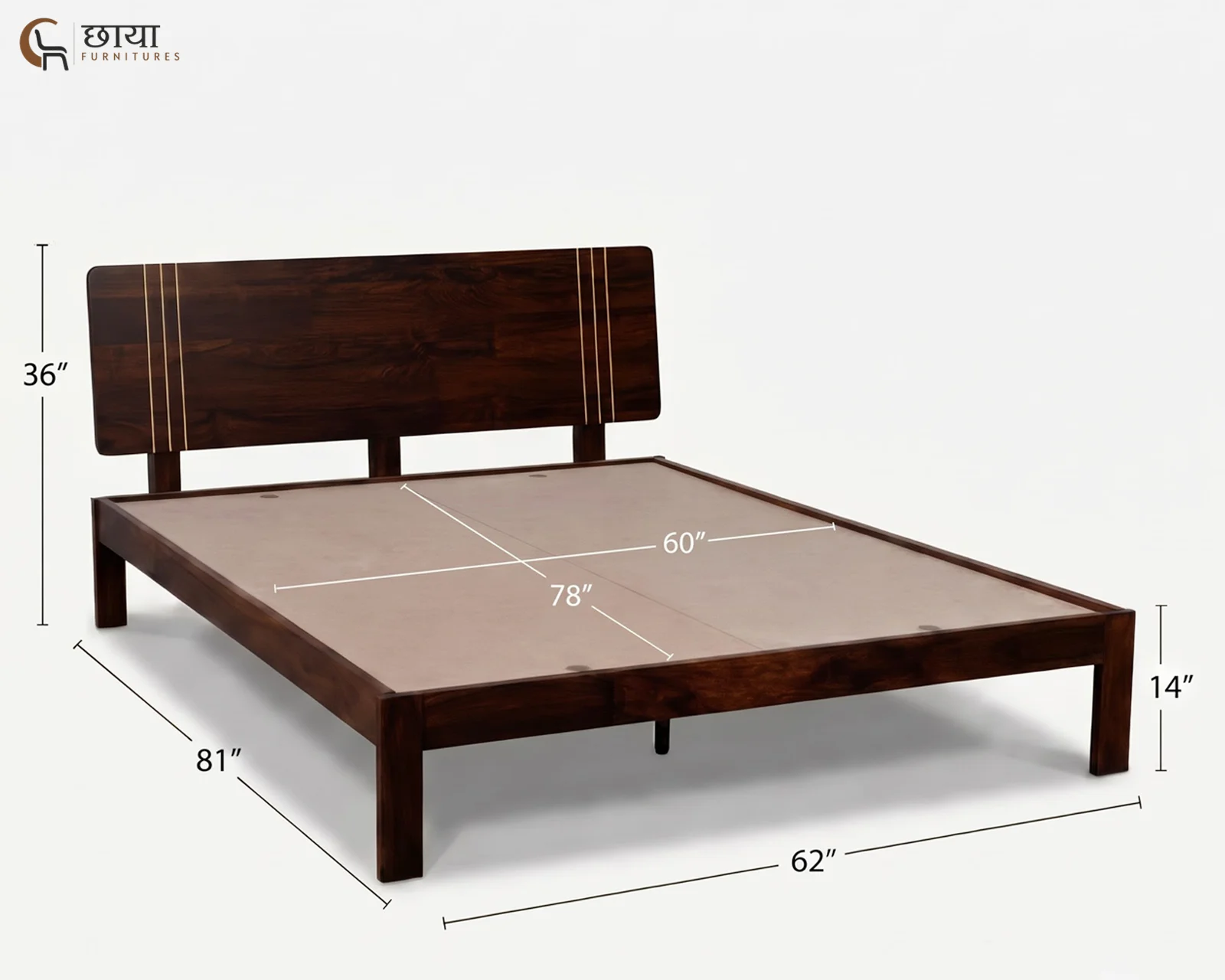 Eddie Sheesham Wood Bed Without Storage (Queen Size, Walnut Finish) — queen 2