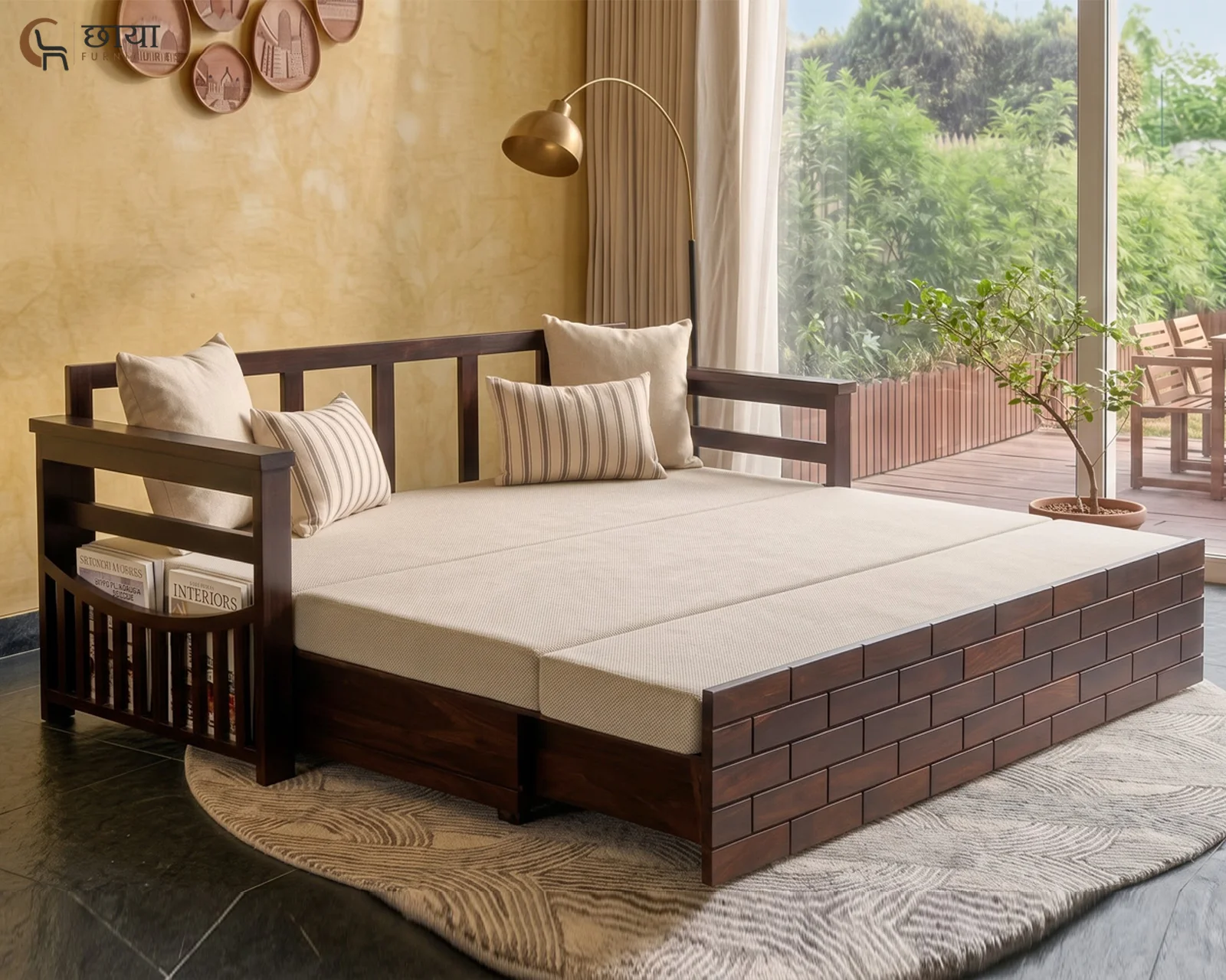 Varys Wooden Sofa Cum Bed (King Size, Walnut Finish) — front (2)