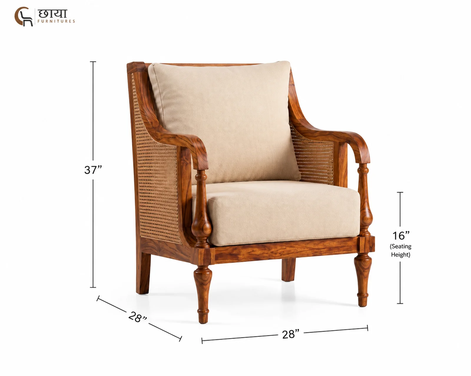 Meher 3+1+1 Wooden Sofa (Honey Finish) — dim 2