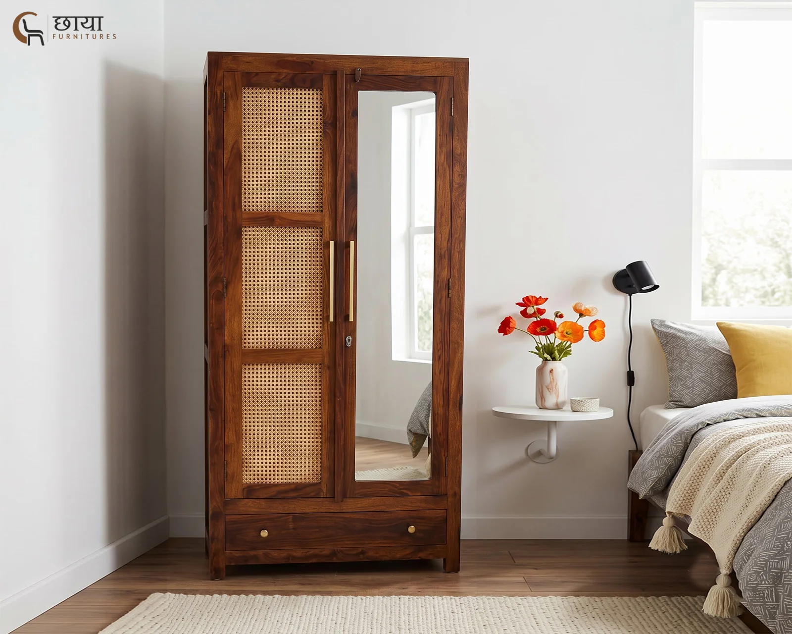 Rabel 2 Door Wardrobe With Mirror (Honey Finish) — front (1)