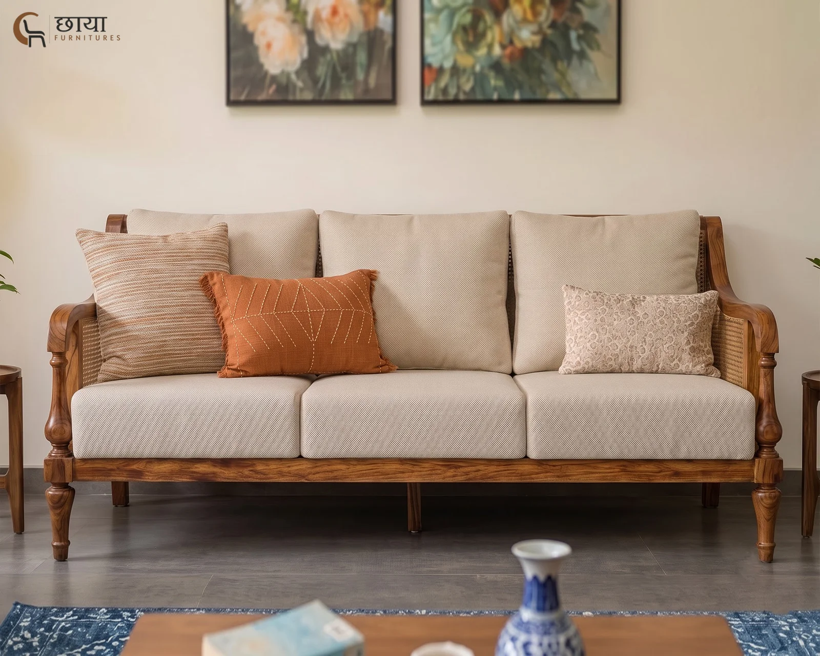 Meher 3 Seater Wooden Sofa (Honey Finish) — 19