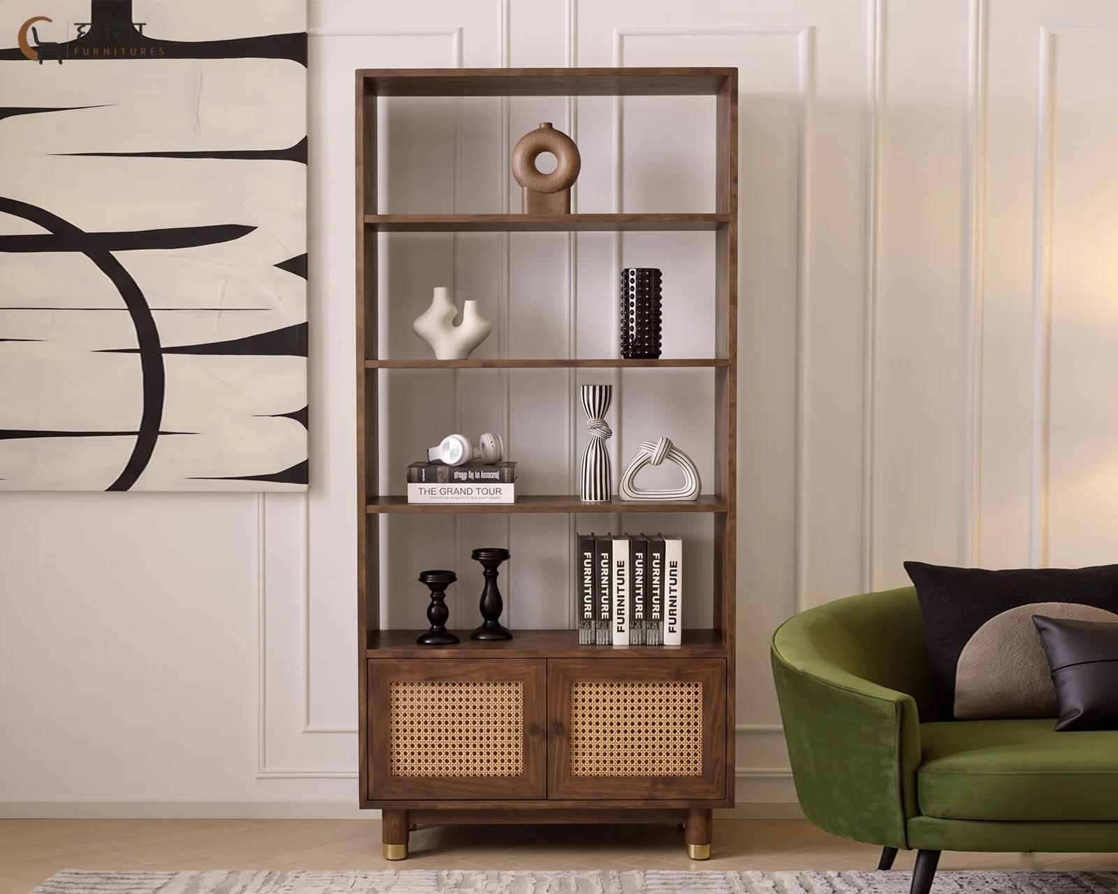 Nemili Book Shelf With Cane (Mango Wood, Teak Finish) — 6