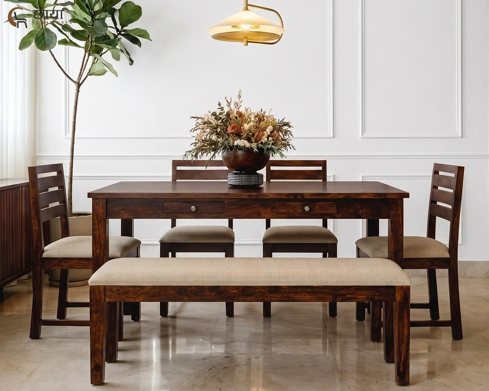 Riwaaz 6 Seater Dining Table Set (Walnut Finish) — 229