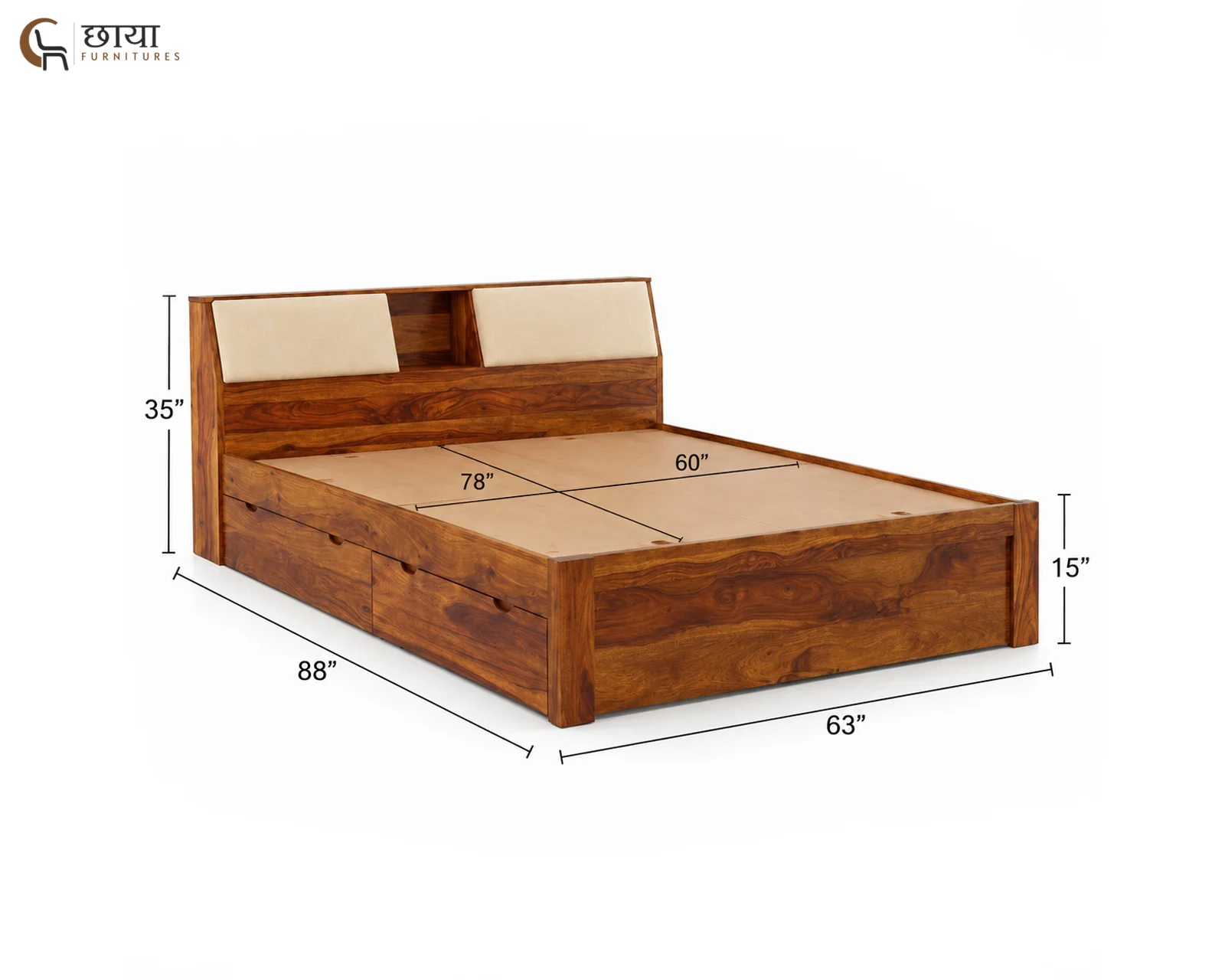 Darbar Sheesham Wood Bed With Drawer Storage (Queen Size, Honey Finish) — queen size 1
