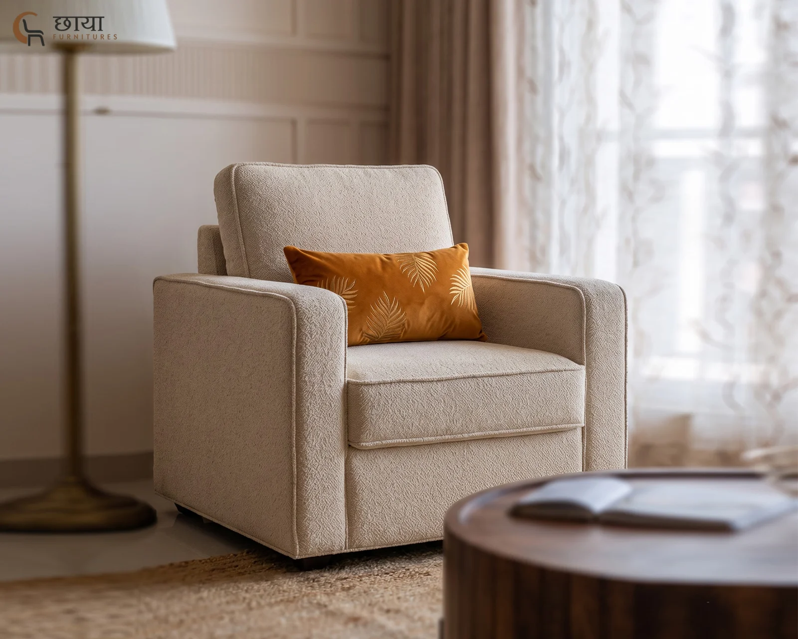 Cairo Single Seater Fabric Sofa (Cream) — front