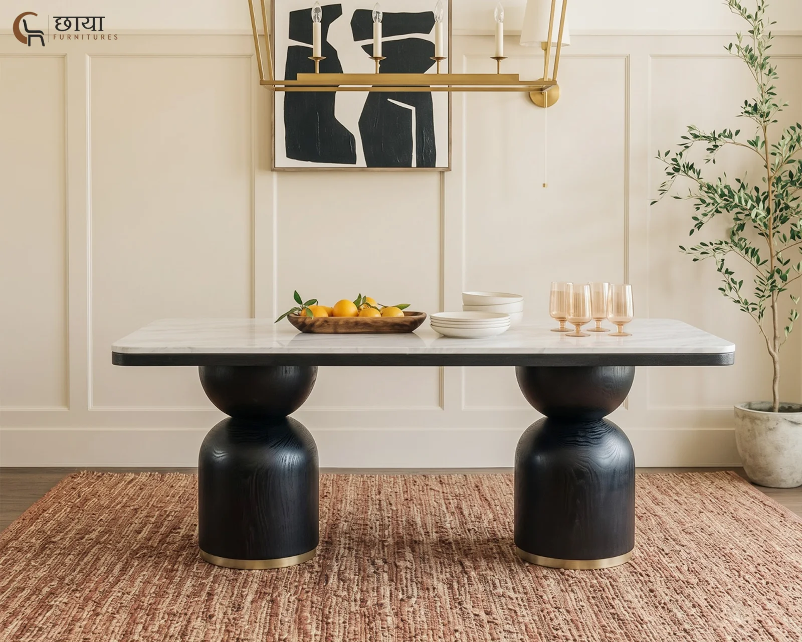 Grace 6 Seater Dining Table Set with Marble Top (Black Finish) — 5
