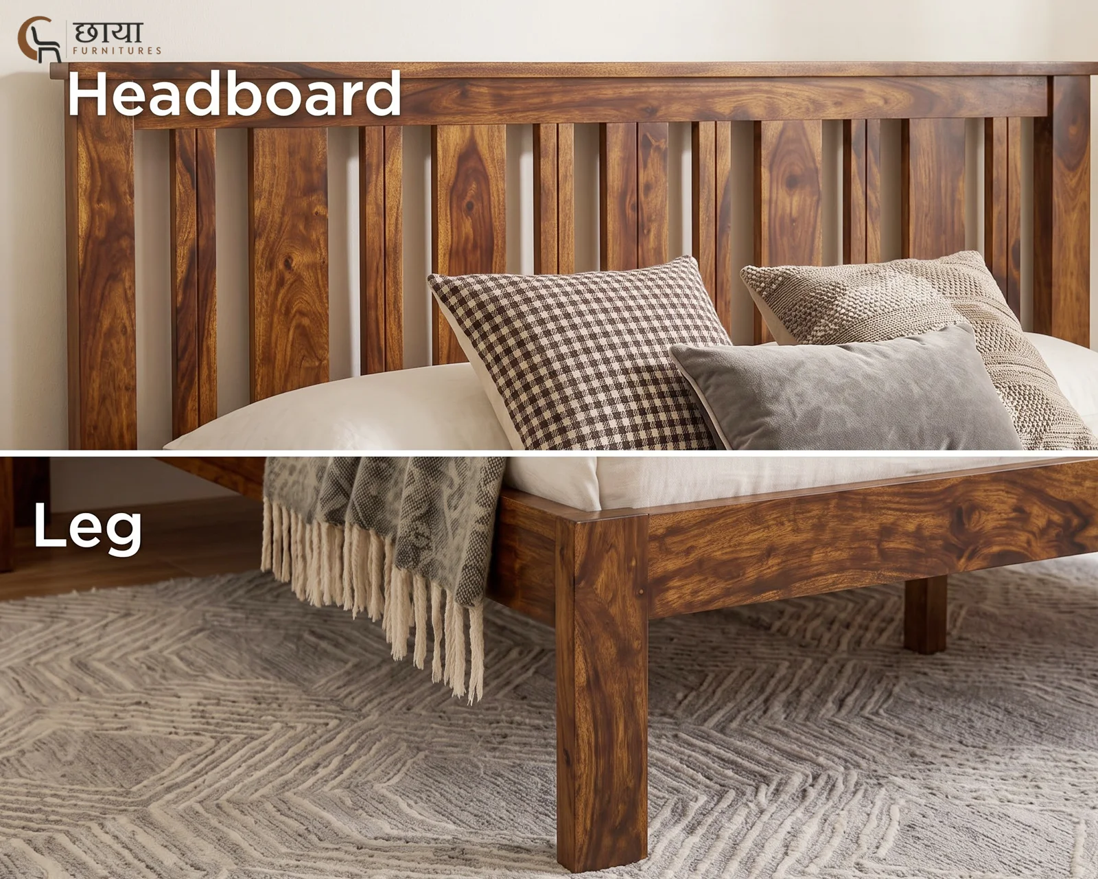 Magnus Sheesham Wood Bed Without Storage (Queen Size, Honey Finish) — 9