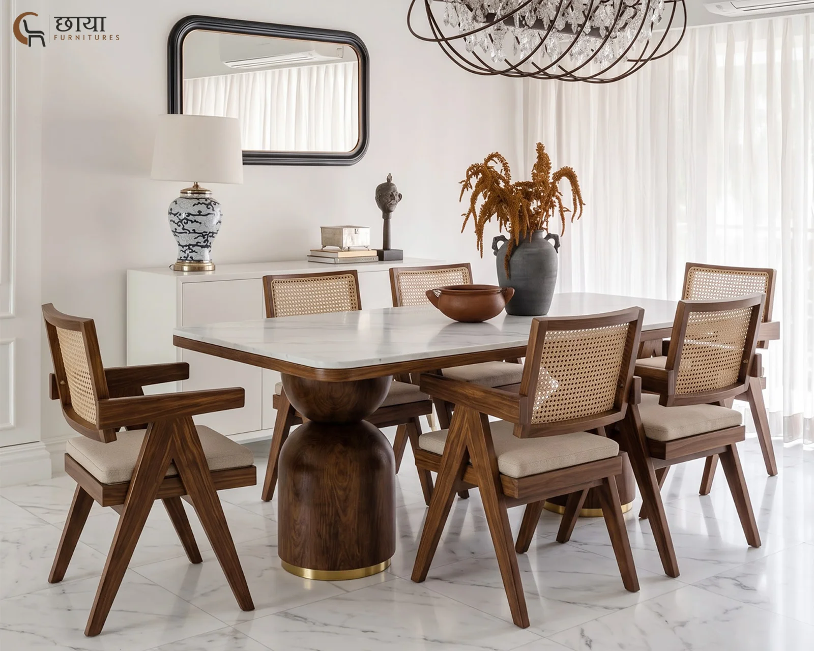 Grace 6 Seater Dining Table Set with Marble Top (Honey Finish) — front