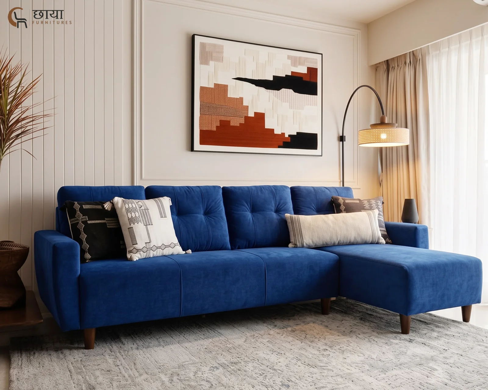 Casa L Shape Right Aligned Fabric Sofa (Blue Velvet) — front 1