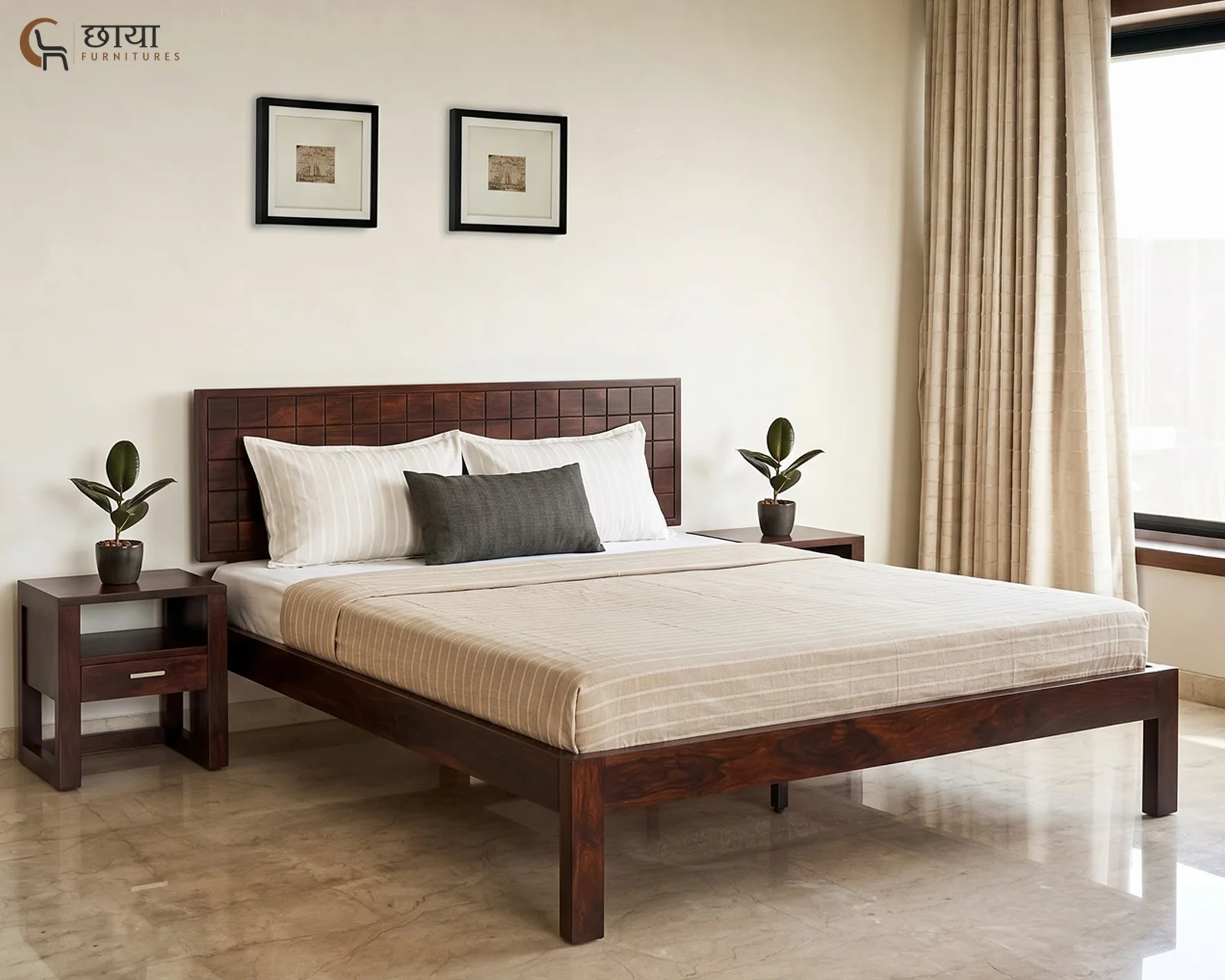 Denver Sheesham Wood Bed Without Storage (King Size, Walnut Finish) — front (2)