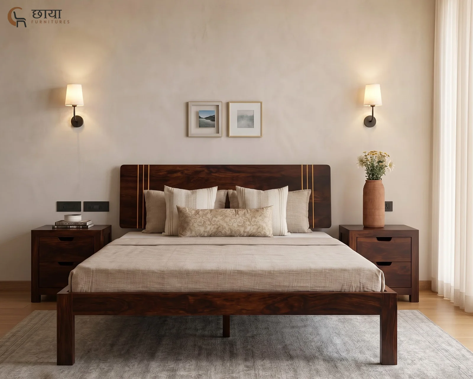 Eddie Sheesham Wood Bed Without Storage (Queen Size, Walnut Finish) — 8
