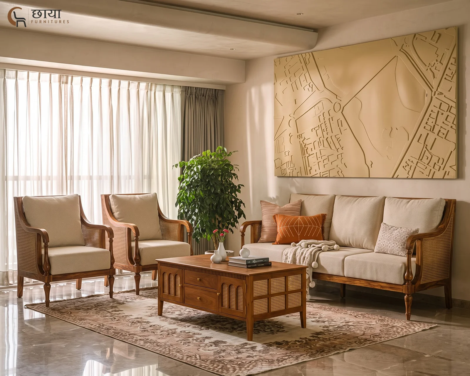 Meher 3+1+1 Wooden Sofa (Honey Finish) — front