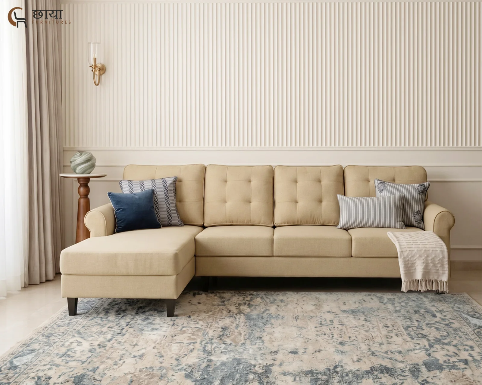 Aster L Shape Left Aligned Fabric Sofa (Cream) — 4