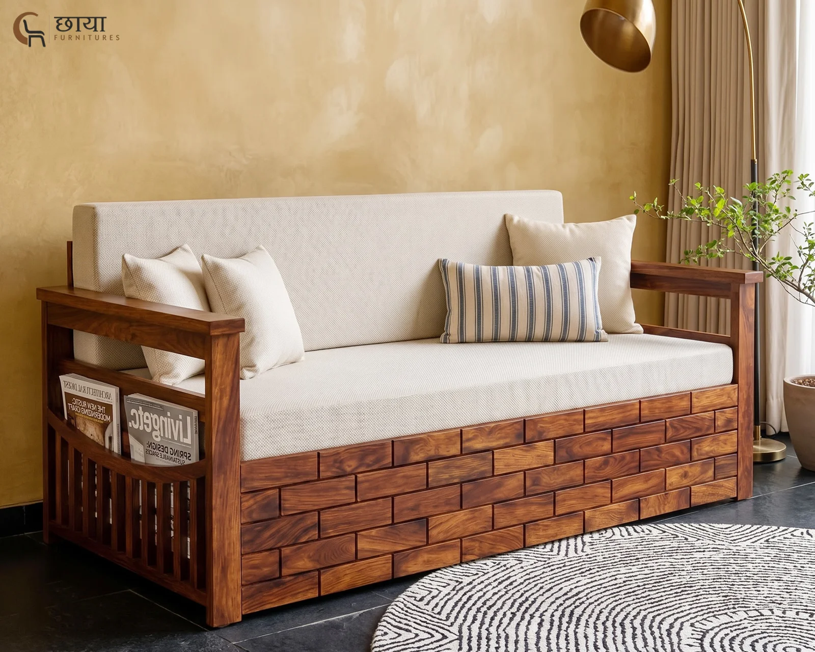 Varys Wooden Sofa Cum Bed (Queen Size, Honey Finish) — front 1