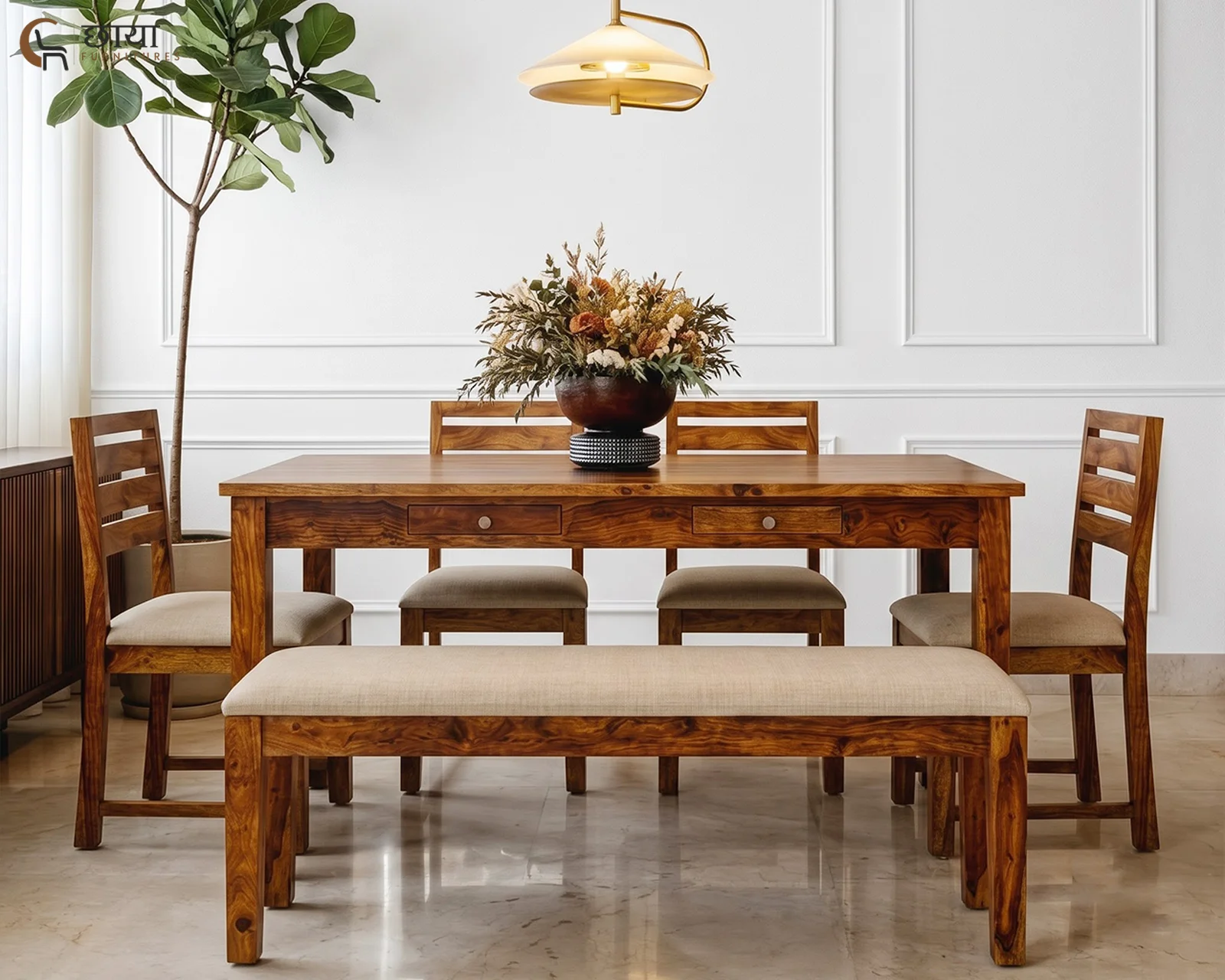 Riwaaz 6 Seater Dining Table Set (Honey Finish) — 226
