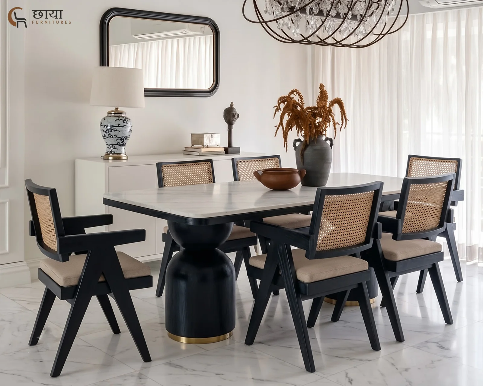 Grace 6 Seater Dining Table Set with Marble Top (Black Finish) — 2
