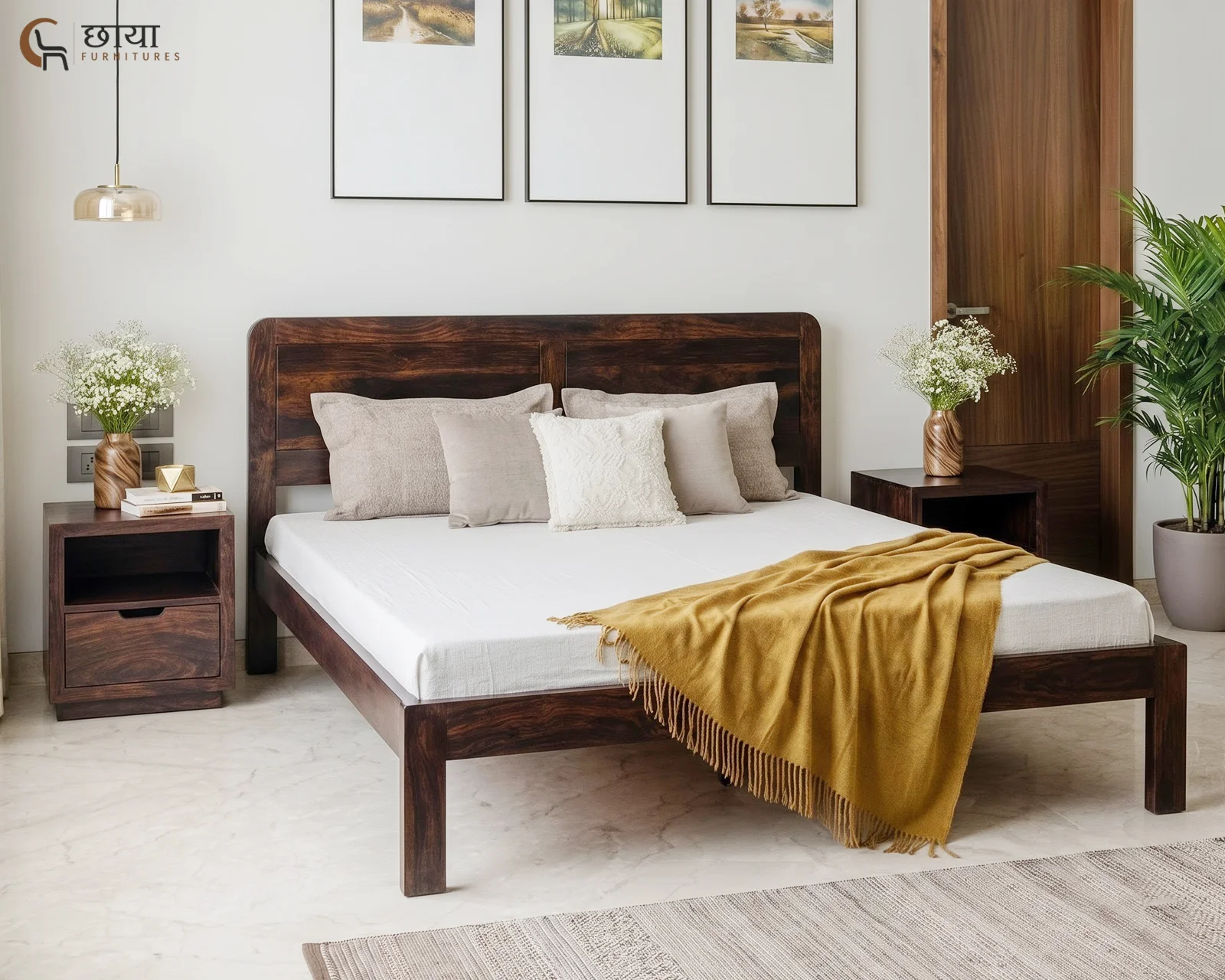 Hannah Sheesham Wood Bed Without Storage (Queen Size, Walnut Finish) — front (2)