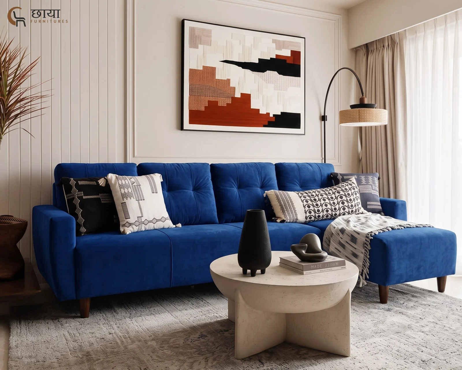 Casa L Shape Right Aligned Fabric Sofa (Blue Velvet) — 4