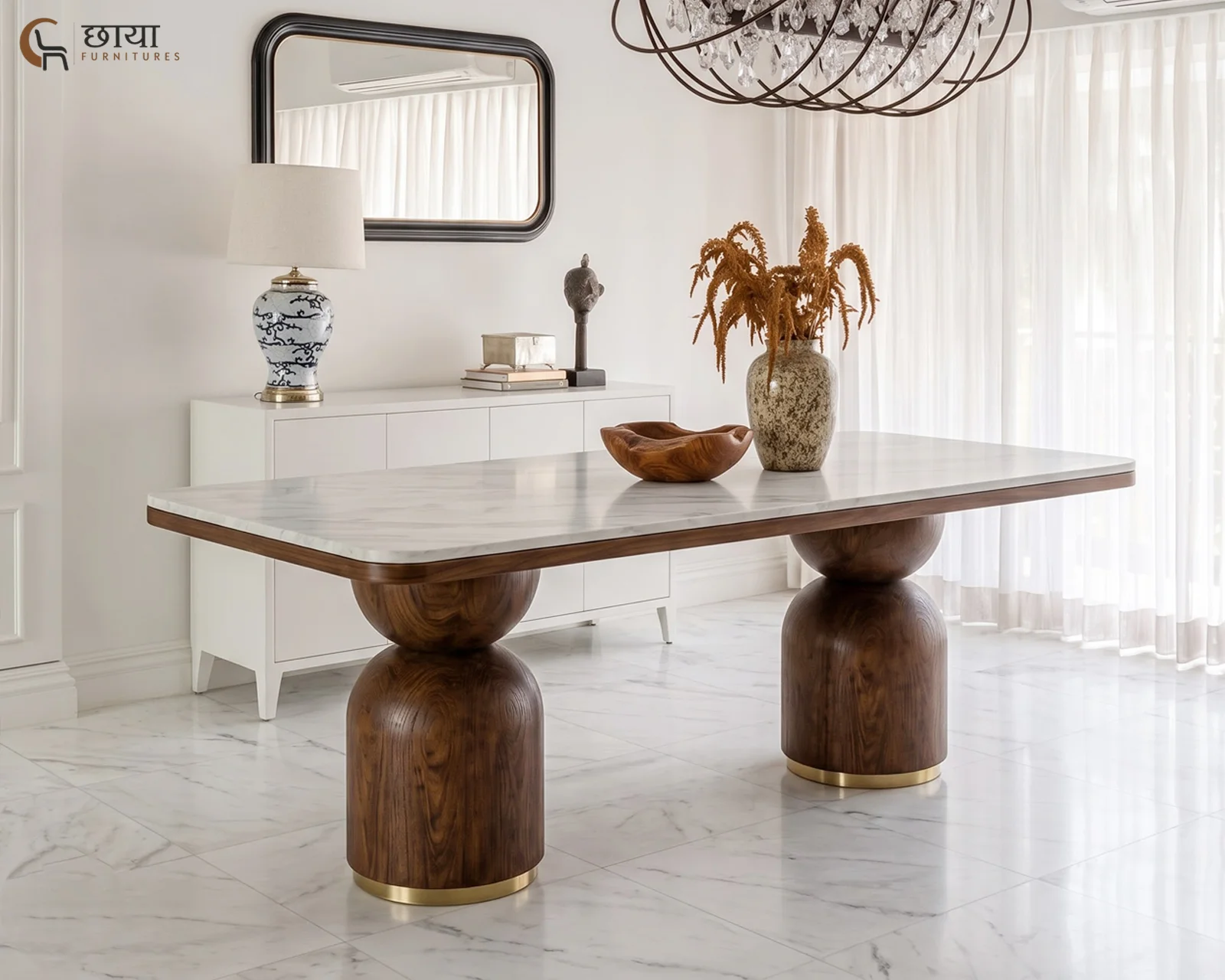 Grace 6 Seater Dining Table with Marble Top (Teak Finish) — 13