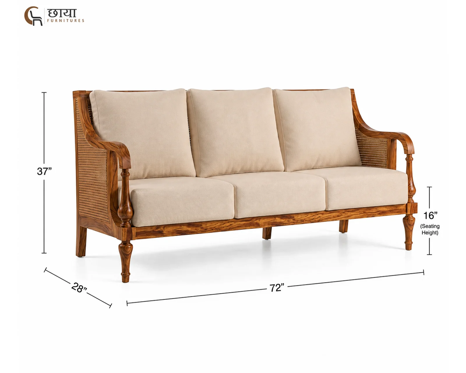 Meher 3 Seater Wooden Sofa (Honey Finish) — dim 6