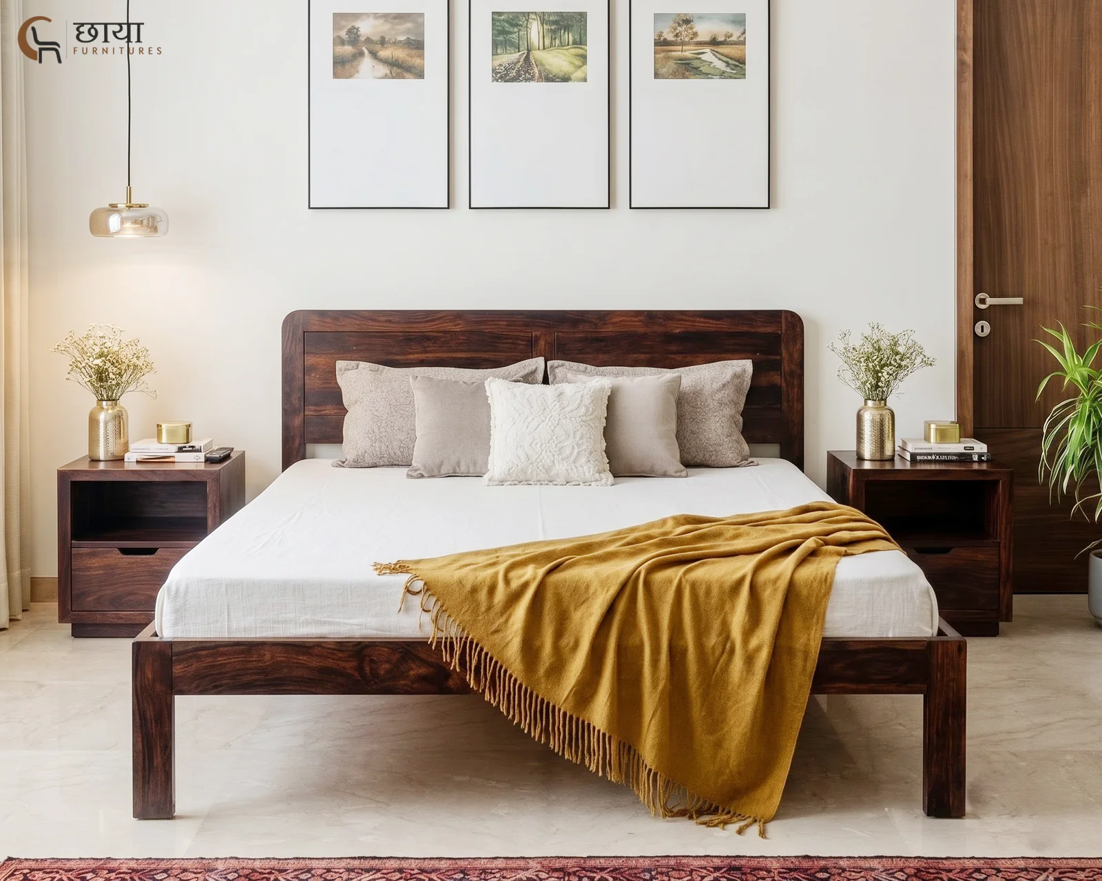 Hannah Sheesham Wood Bed Without Storage (King Size, Walnut Finish) — 12