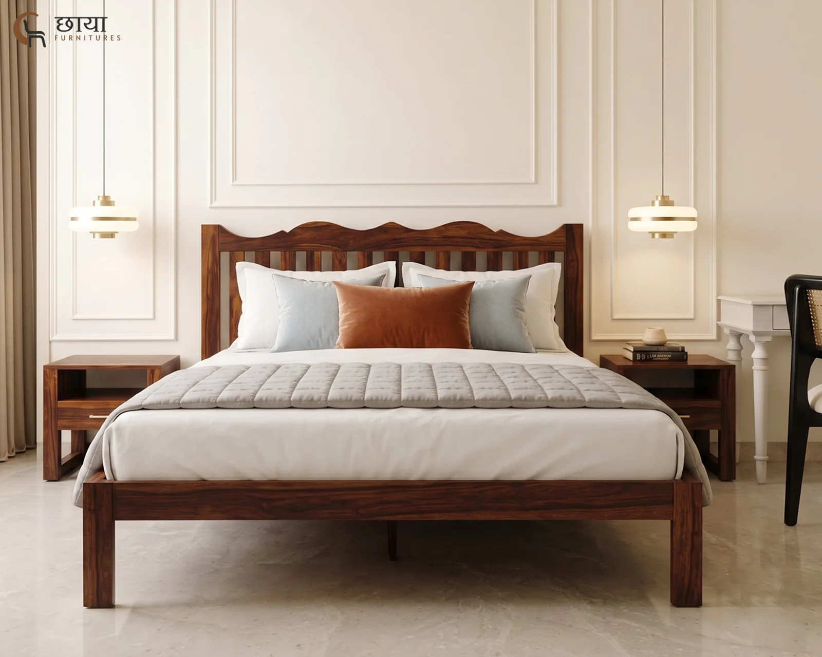 Davos Sheesham Wood Bed Without Storage (Queen Size, Walnut Finish) — 7