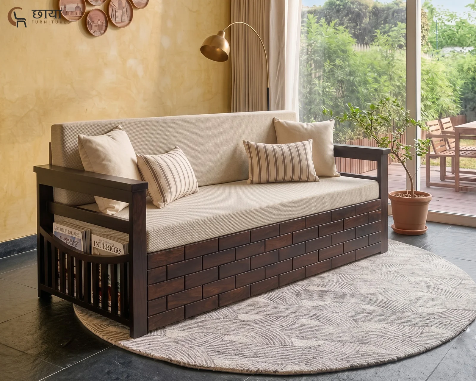 Varys Wooden Sofa Cum Bed (Queen Size, Walnut Finish) — 15