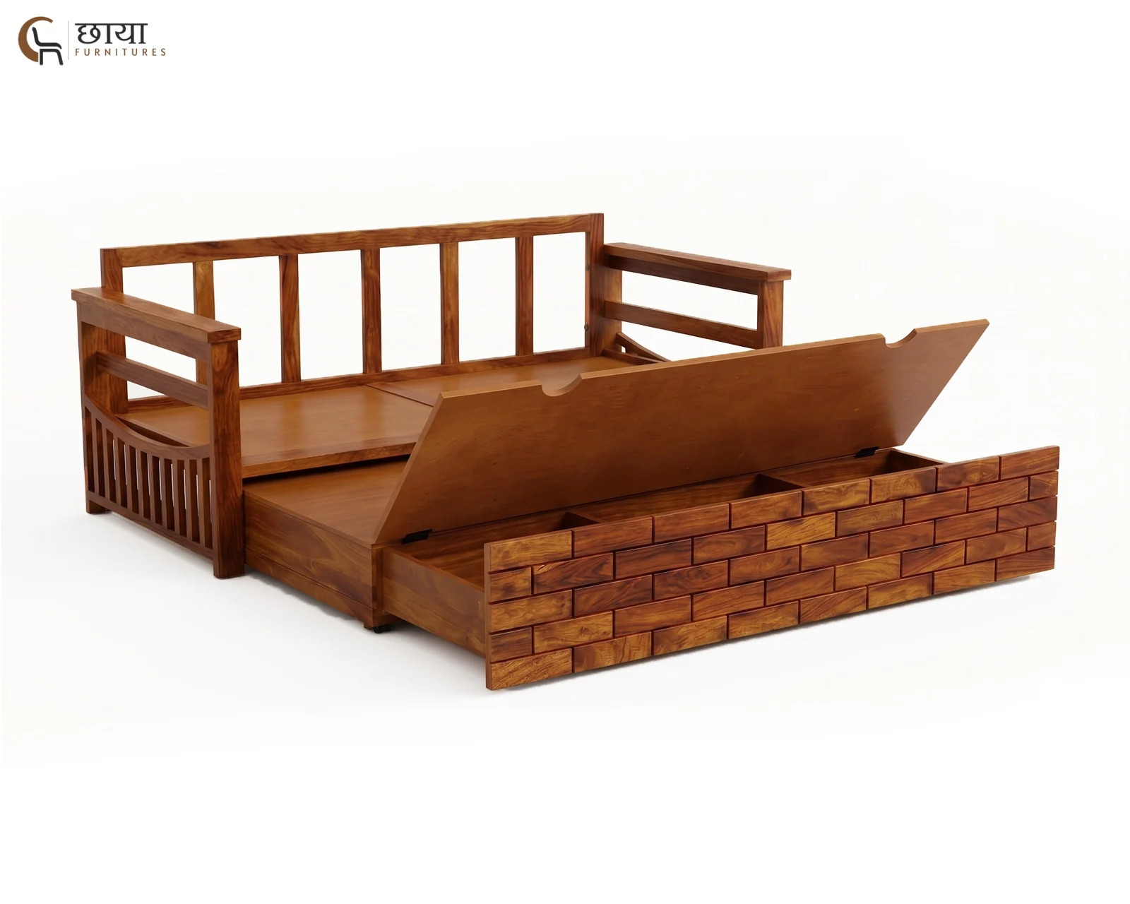 Varys Wooden Sofa Cum Bed (Queen Size, Honey Finish) — 2