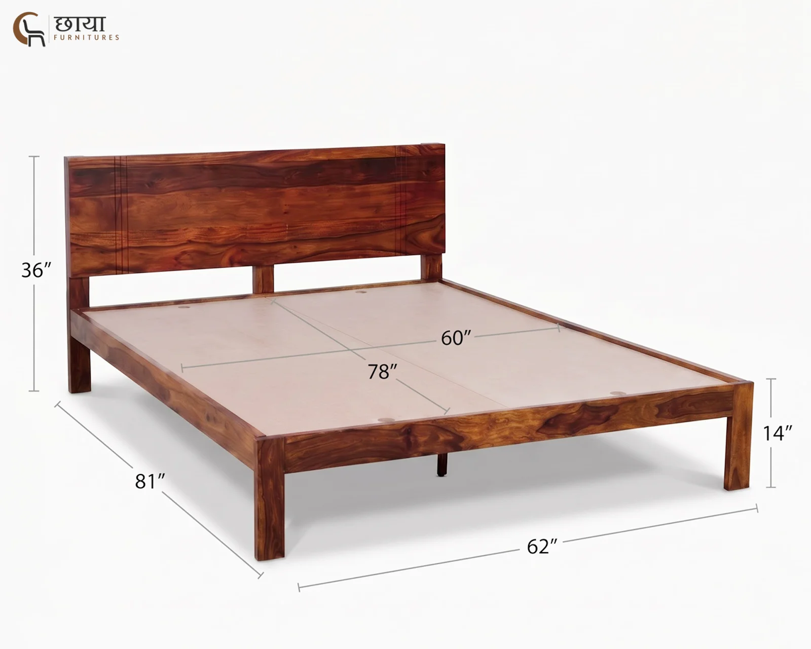 Martha Sheesham Wood Bed Without Storage (Queen Size, Honey Finish) — honey (2)
