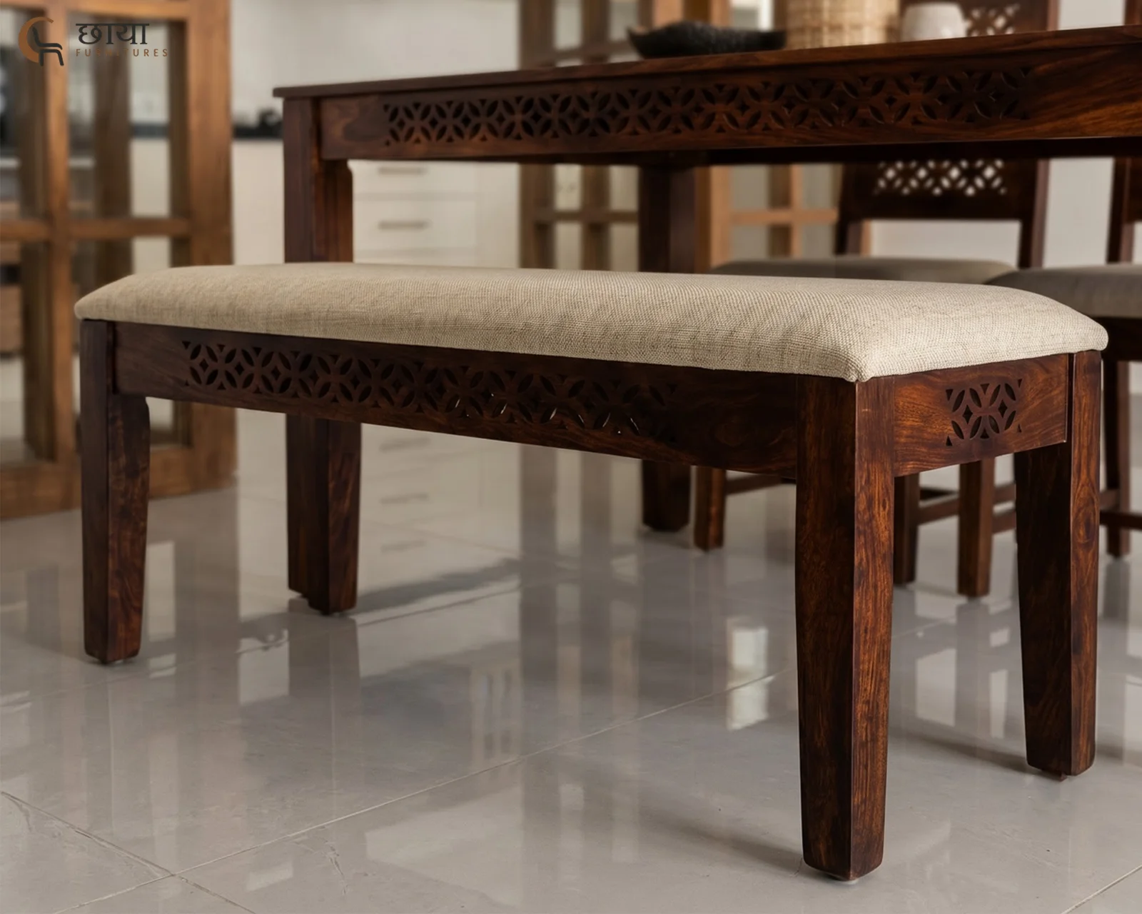 Luxe 4 Seater Dining Table Set With Bench (Walnut Finish) — 14