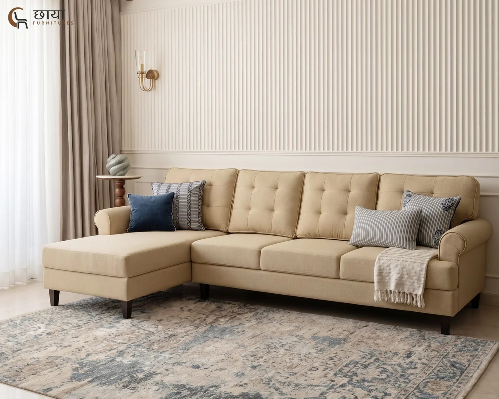 Aster L Shape Left Aligned Fabric Sofa (Cream) — 2