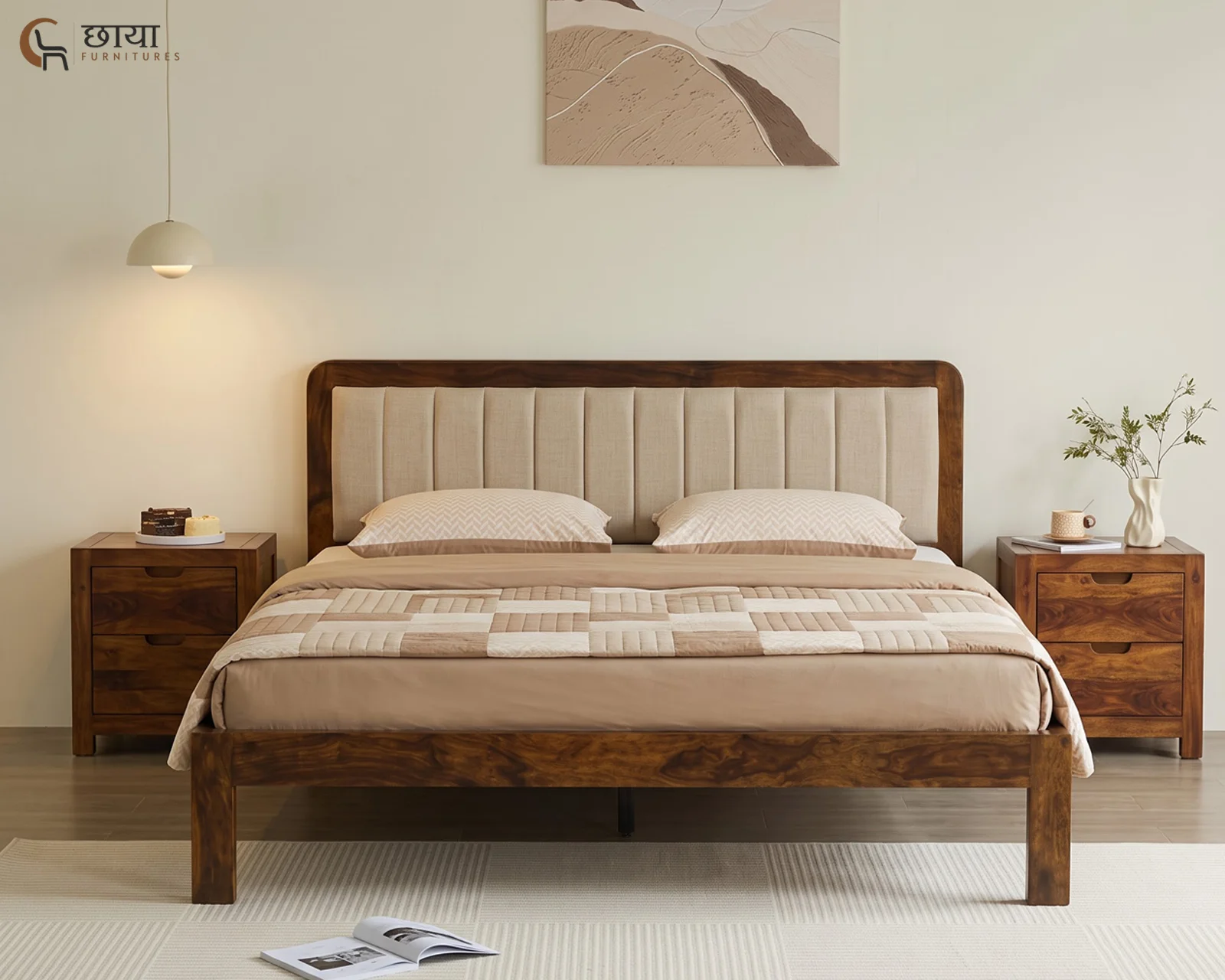 Lydia Sheesham Wood Bed Without Storage (Queen Size, Honey Finish) — 12