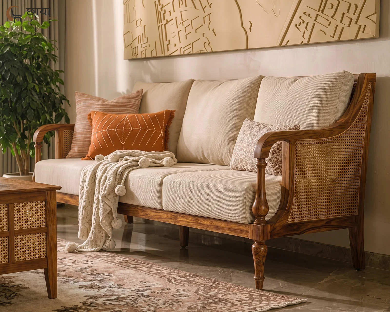 Meher 3 Seater Wooden Sofa (Honey Finish) — front