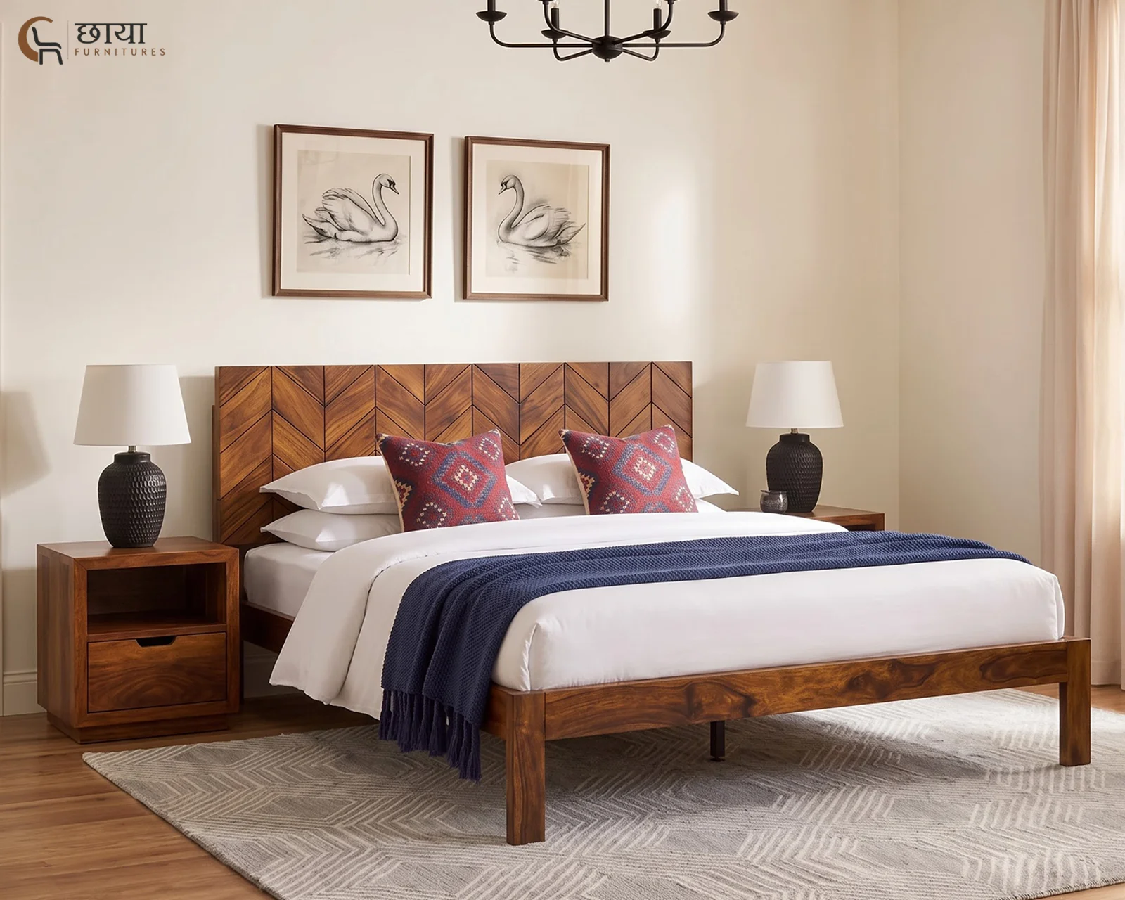 Frey Sheesham Wood Bed Without Storage (Queen Size, Honey Finish) — 14