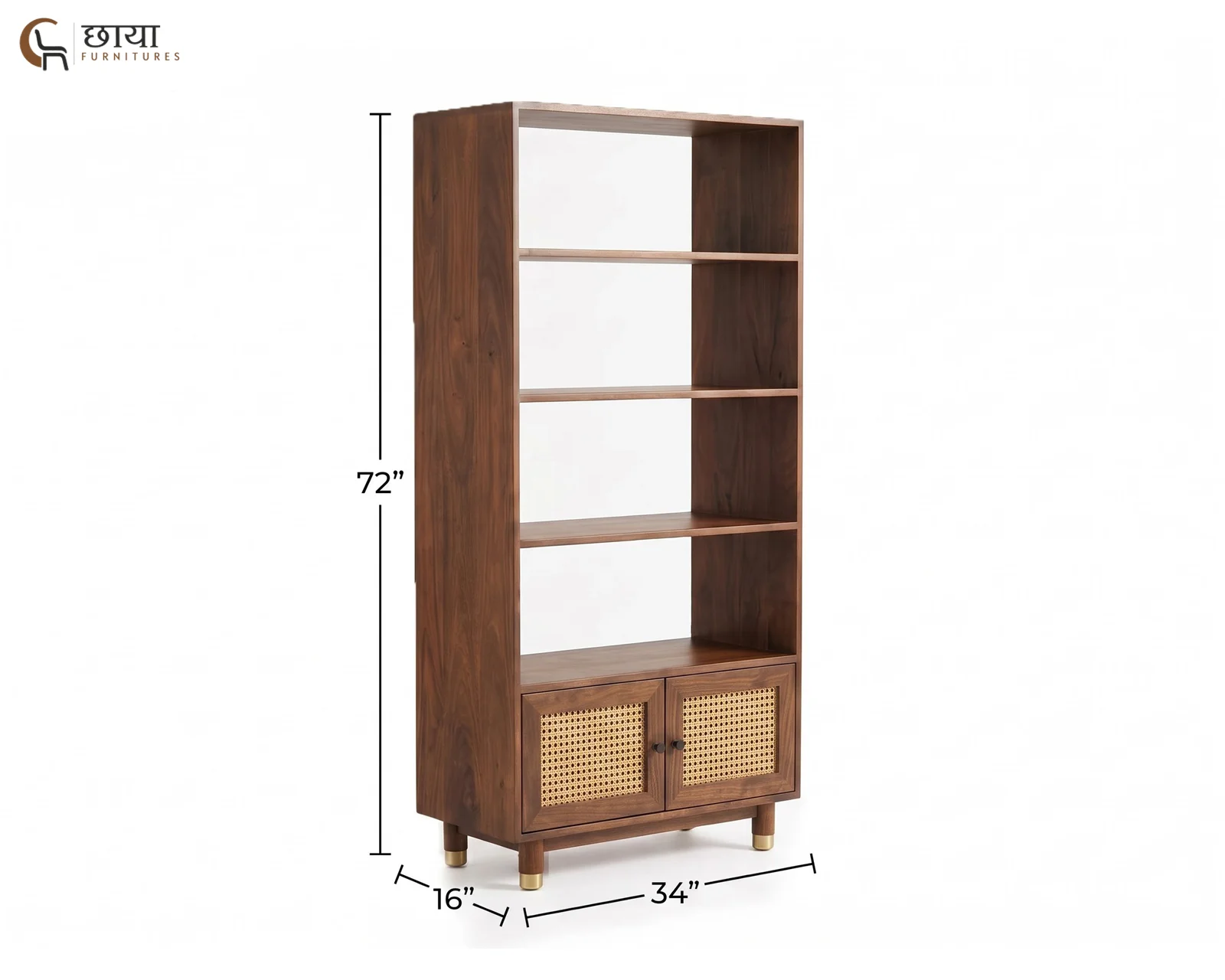 Nemili Book Shelf With Cane (Mango Wood, Teak Finish) — dim 2