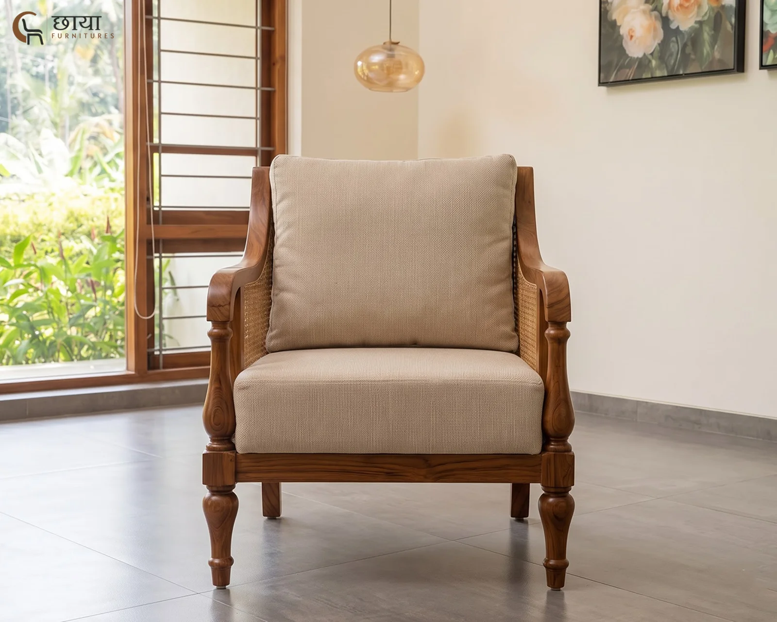 Meher Single Seater Wooden Sofa (Honey Finish) — 27