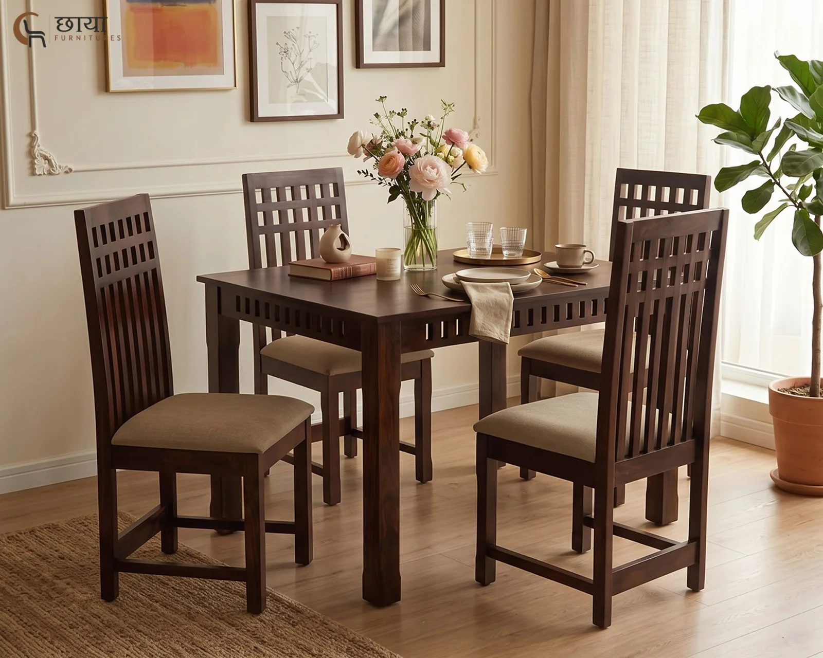 Haven 4 Seater Dining Table Set (Walnut Finish) — 2