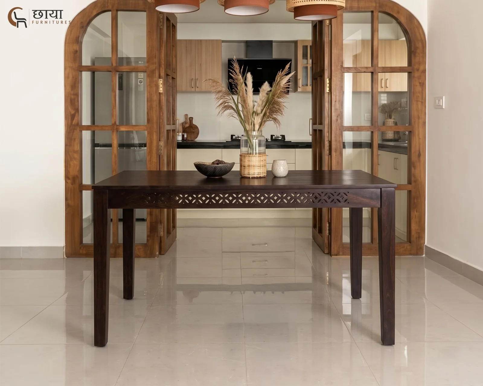 Luxe 4 Seater Dining Table Set With Bench (Walnut Finish) — 53