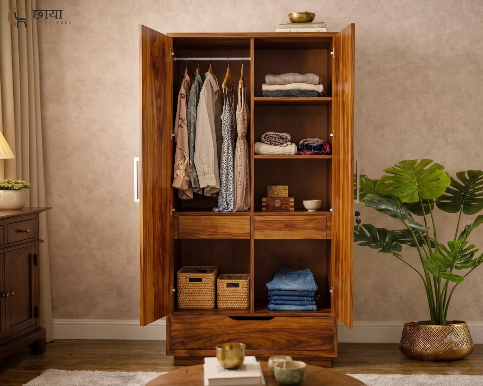 Jimbeam 2 Door Wardrobe (Honey Finish) — 10