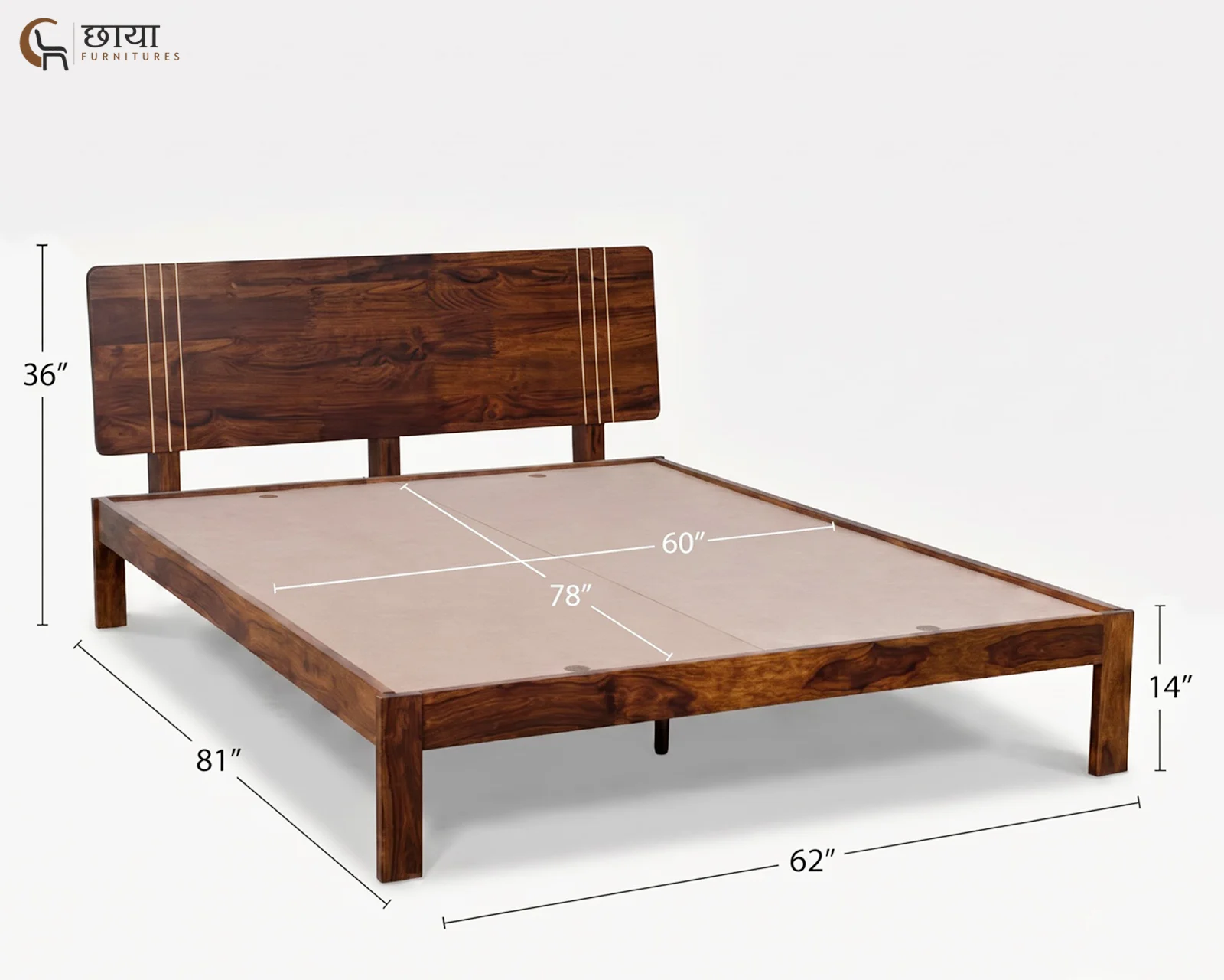 Eddie Sheesham Wood Bed Without Storage (Queen Size, Honey Finish) — queen 1