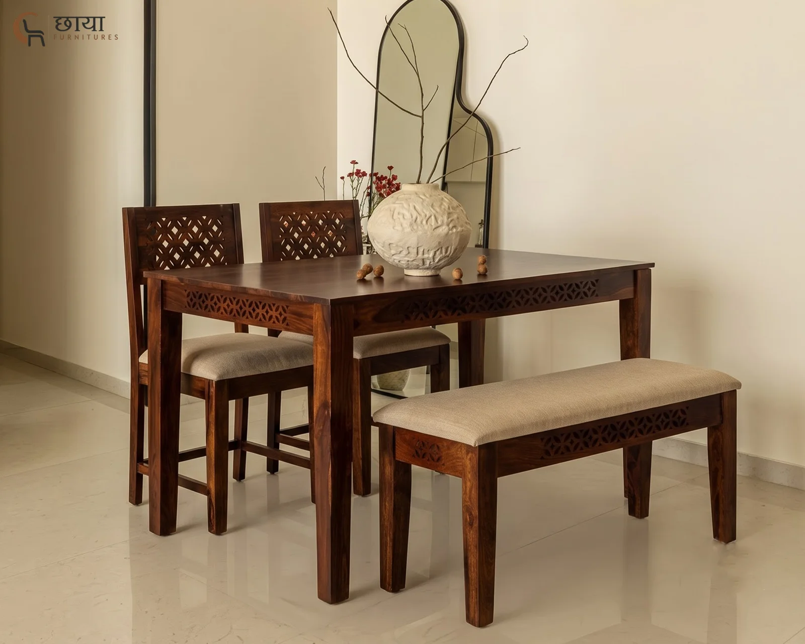 Luxe 4 Seater Dining Table Set With Bench (Walnut Finish) — front (1)