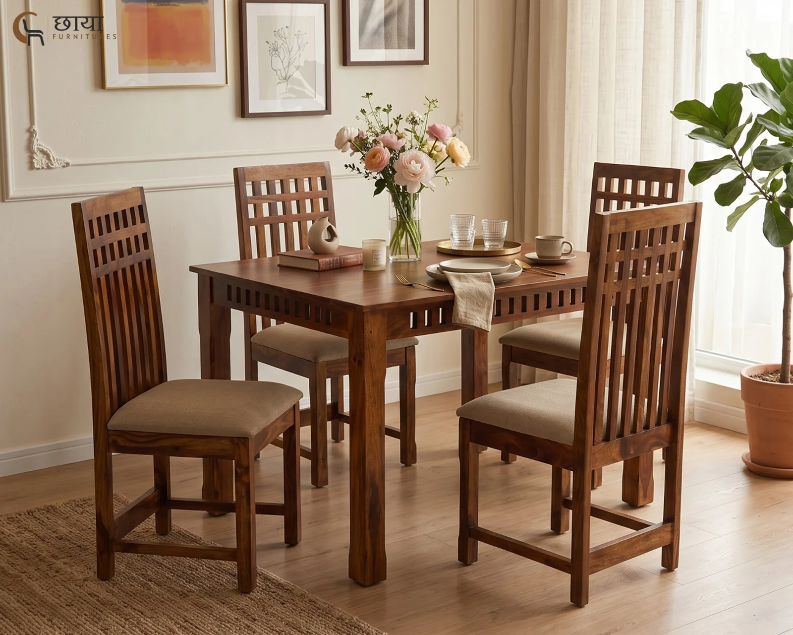 Haven 4 Seater Dining Table Set (Honey Finish) — 3