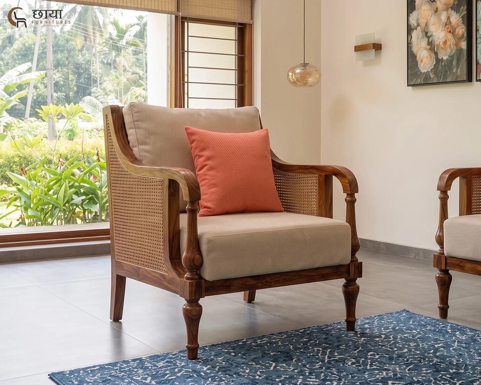 Meher Single Seater Wooden Sofa (Honey Finish) — front