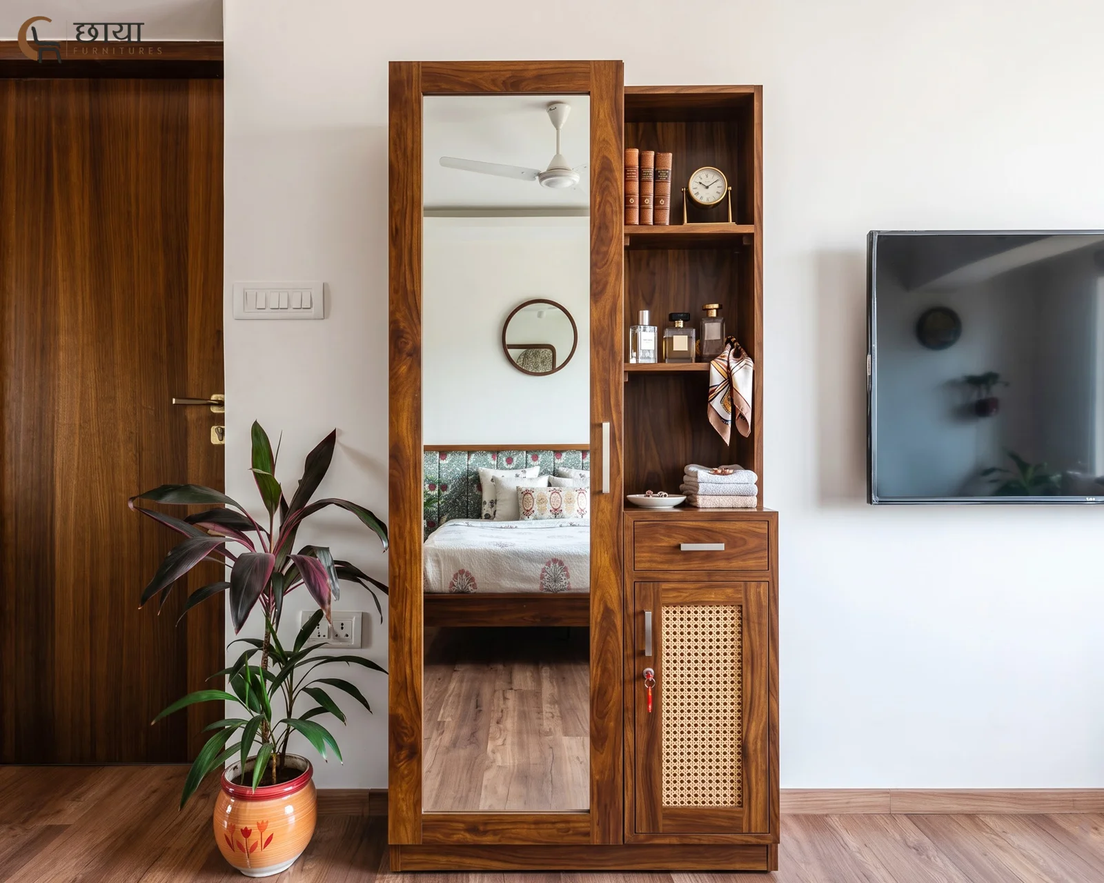 Aranya Sheesham Wood Dressing Table with Mirror (Honey Finish) — front