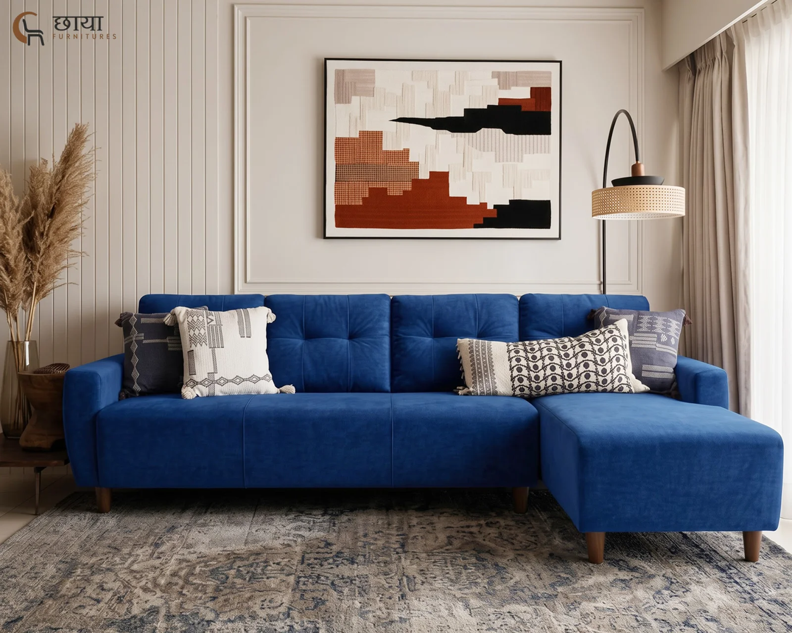 Casa L Shape Right Aligned Fabric Sofa (Blue Velvet) — 6