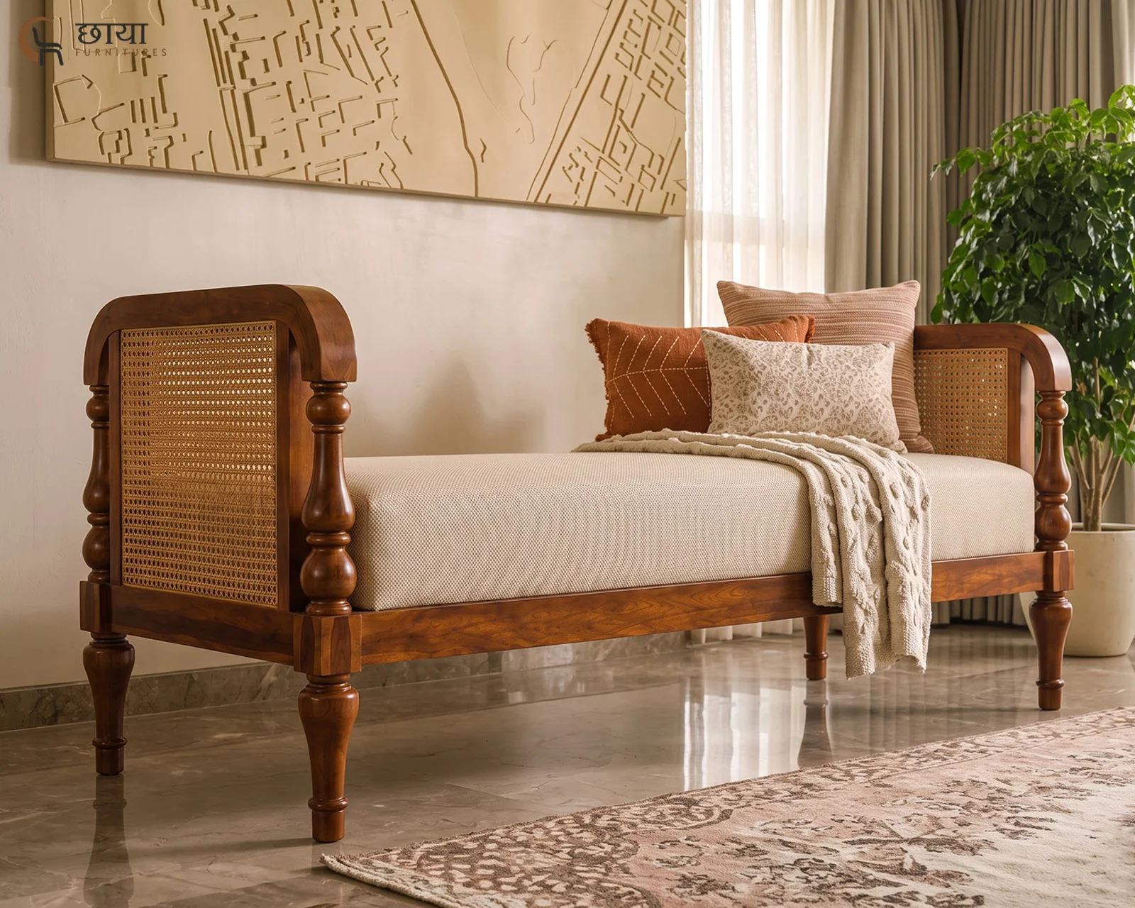 Aarohi Rattan Bench (Honey Finish) — front