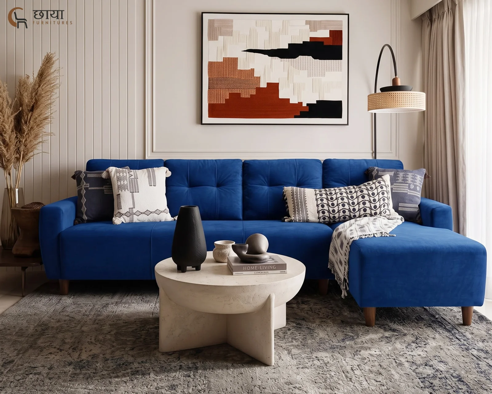 Casa L Shape Right Aligned Fabric Sofa (Blue Velvet) — 3
