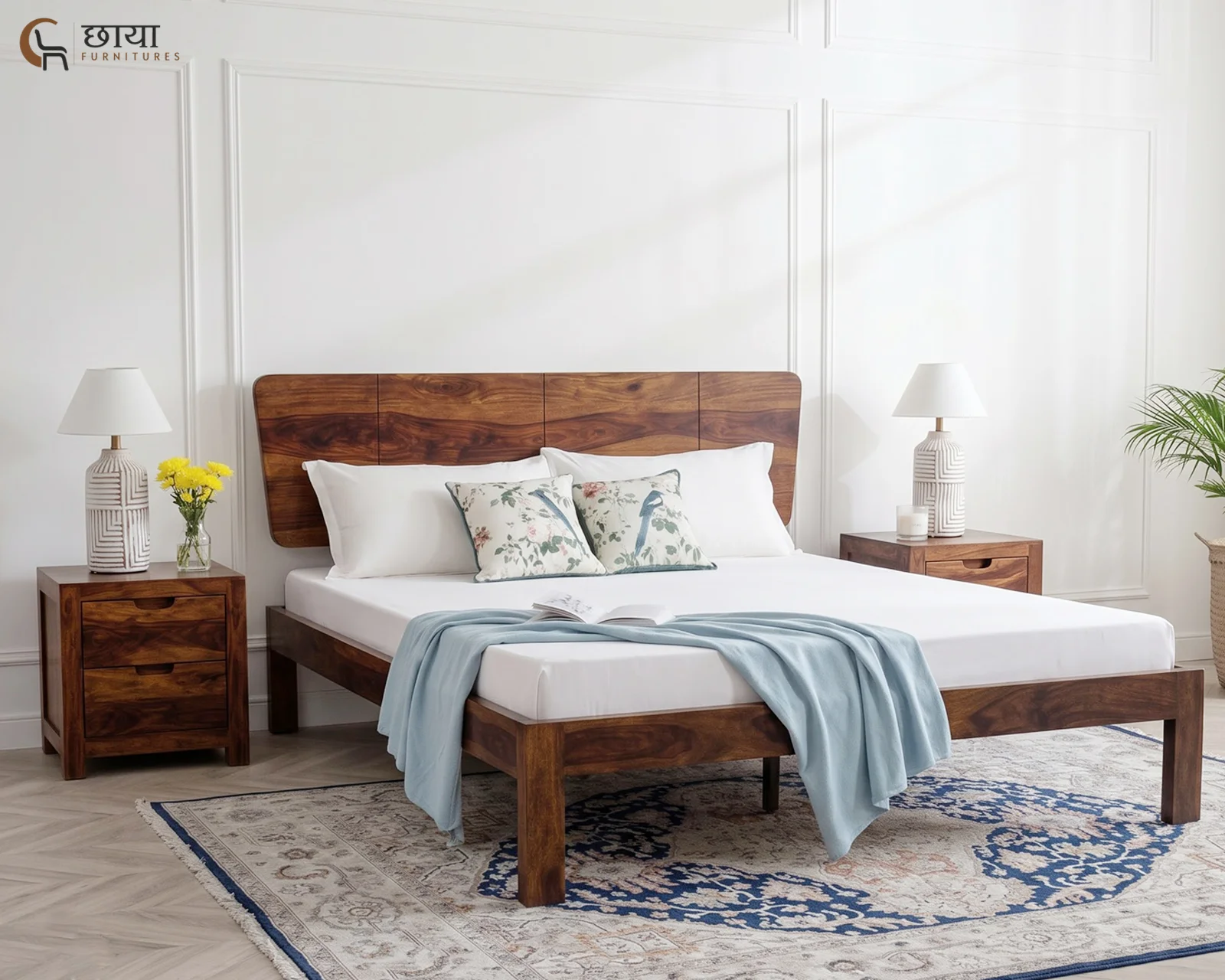 Veer Sheesham Wood Bed Without Storage (Queen Size, Honey Finish) — front 2